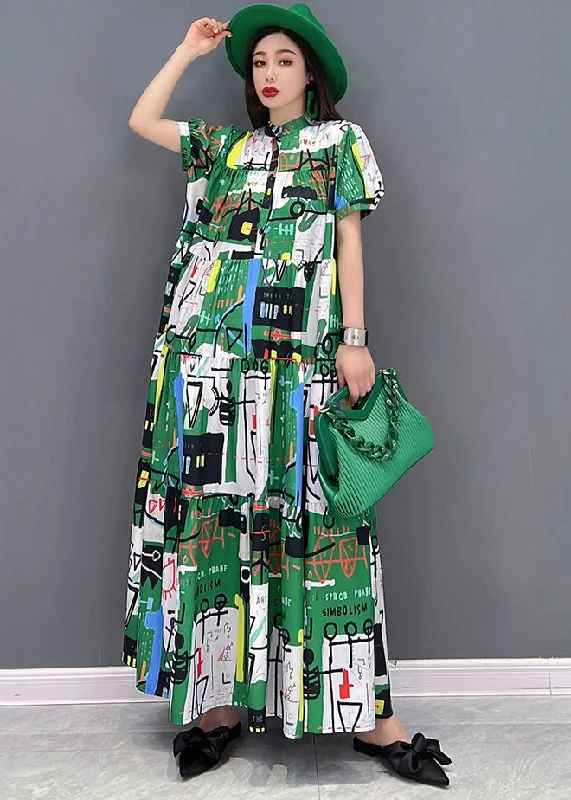 t-shirt dressCasual Green Stand Collar Patchwork Exra Large Hem Print Chiffon Maxi Dress Short Sleeve