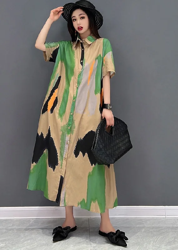 chic slip dressBlack Print Tie Dye Cotton Loose Shirt Dress Button Short Sleeve