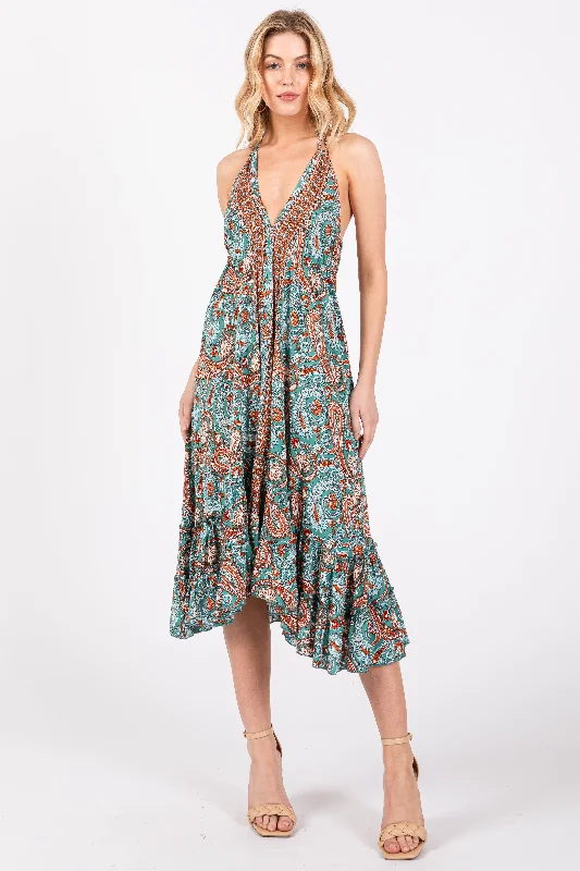 playful dressAqua Floral Paisley Cut-Out Back Halter Dress