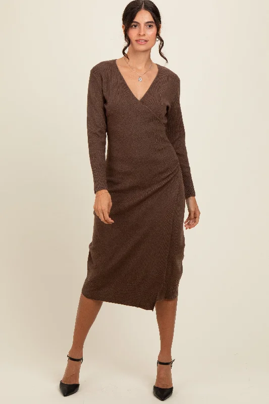 printed dressBrown Knit Crossover Ruched Midi Dress