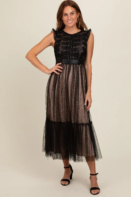 pleated dressBlack Lace Contrast Tulle Maxi Dress