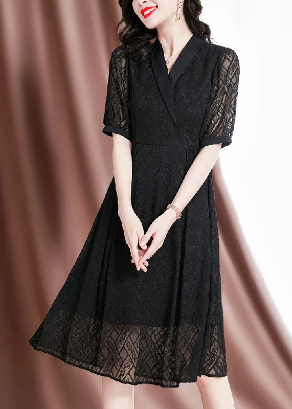 off-the-shoulder dressSimple Black Peter Pan Collar Hollow Out Tulle Silk Party Dress Short Sleeve