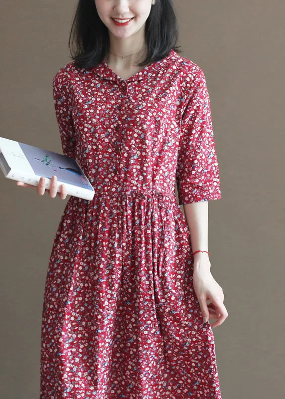 minimalistic dressPlus Size Red Cinched Print Button Cotton Long Dress Half Sleeve