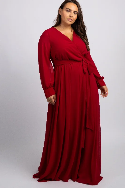 sleeveless dressBurgundy Chiffon Long Sleeve Pleated Plus Maxi Dress