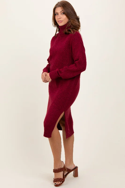 casual evening dressBurgundy Turtleneck Side Slit Midi Sweater Dress