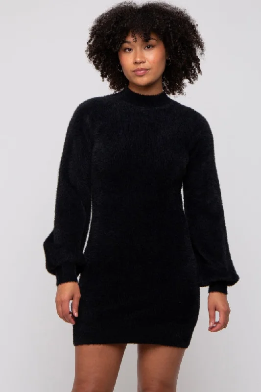 long-sleeve floral dressBlack Fuzzy Knit Puff Sleeve Sweater Dress