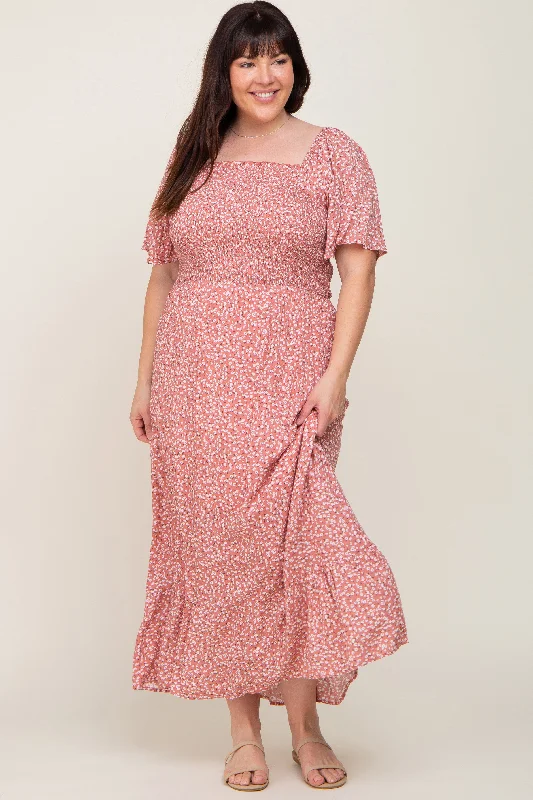 v-neck dressMauve Floral Smocked Flounce Sleeve Plus Maxi Dress