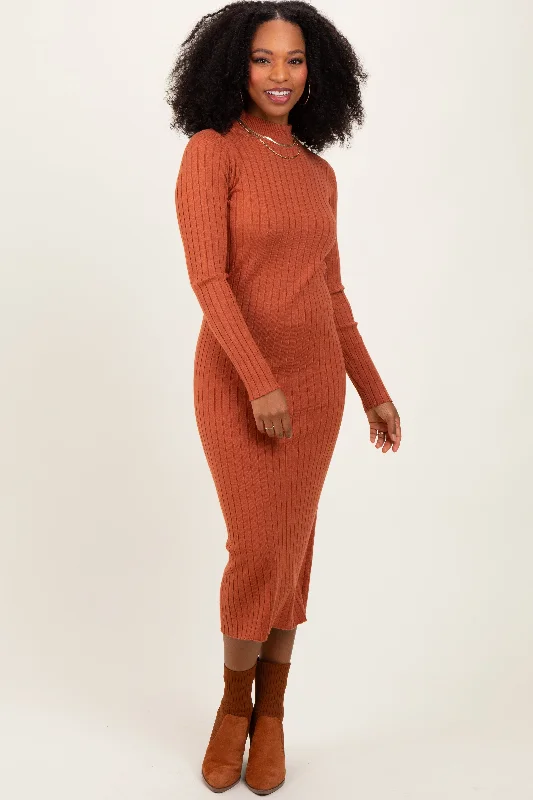 chic dressRust Mock Neck Ribbed Sweater Dress