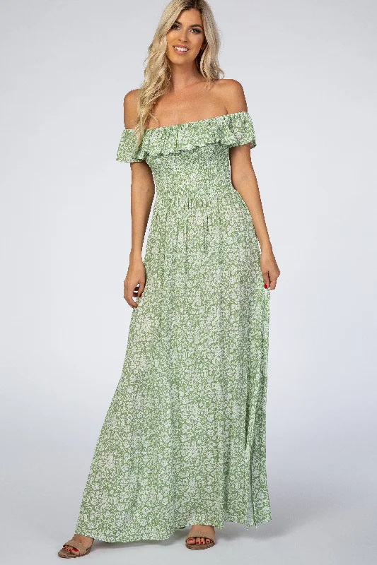 sleek dressGreen Floral Ruffle Off Shoulder Maxi Dress