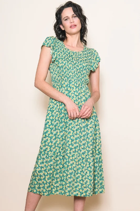 satin dressGreen Floral Smocked Midi Dress