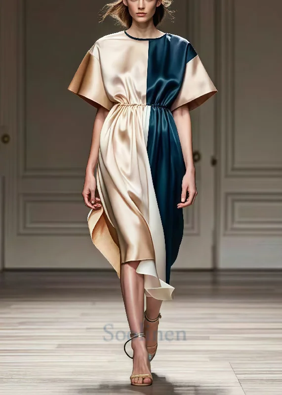 elegant shift dressBoutique Champagne Cinched Patchwork Silk Long Dress Summer