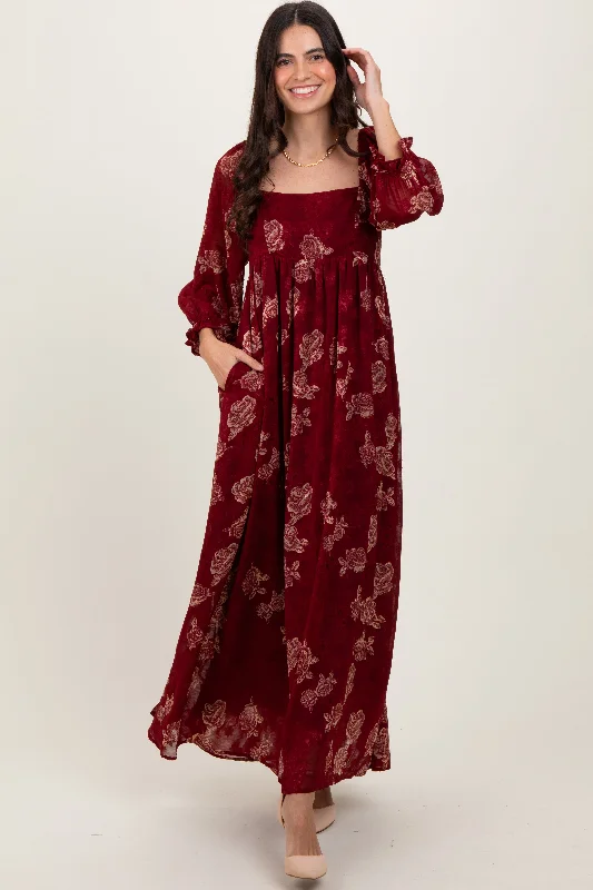 evening dressBurgundy Multi Floral Textured Peasant Babydoll Maxi Dress