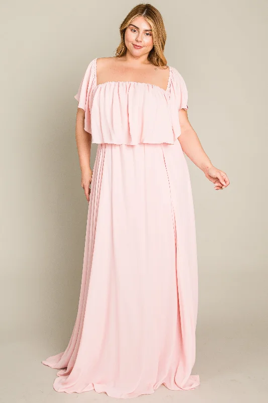 draped dressLight Pink Chiffon Off Shoulder Plus Gown