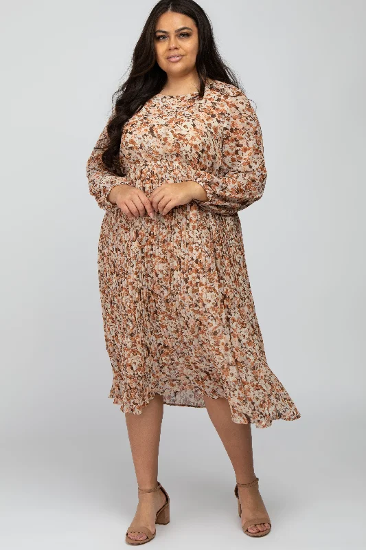 stylish dressBrown Floral Pleated Skirt Plus Midi Dress