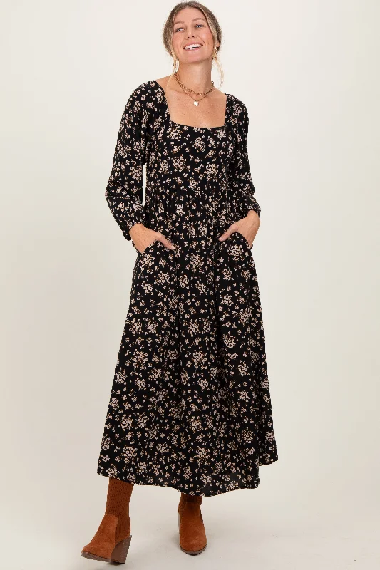 party-ready dressBlack Floral Square Neck Long Sleeve Maxi Dress