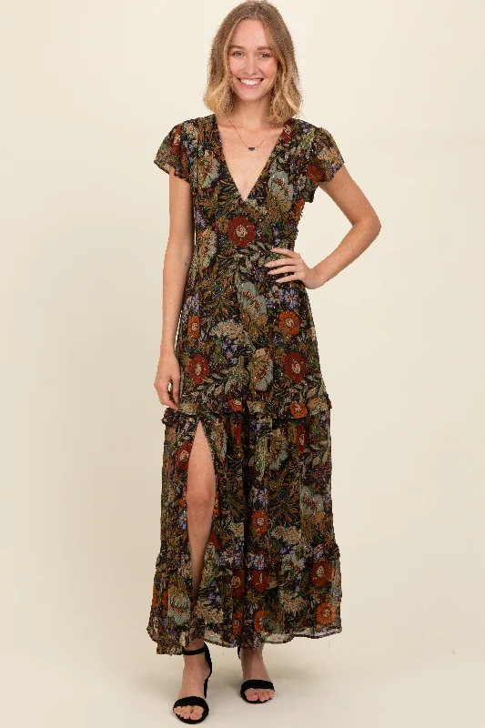 casual dressBlack Floral Deep V-Neck Tiered Maxi Dress