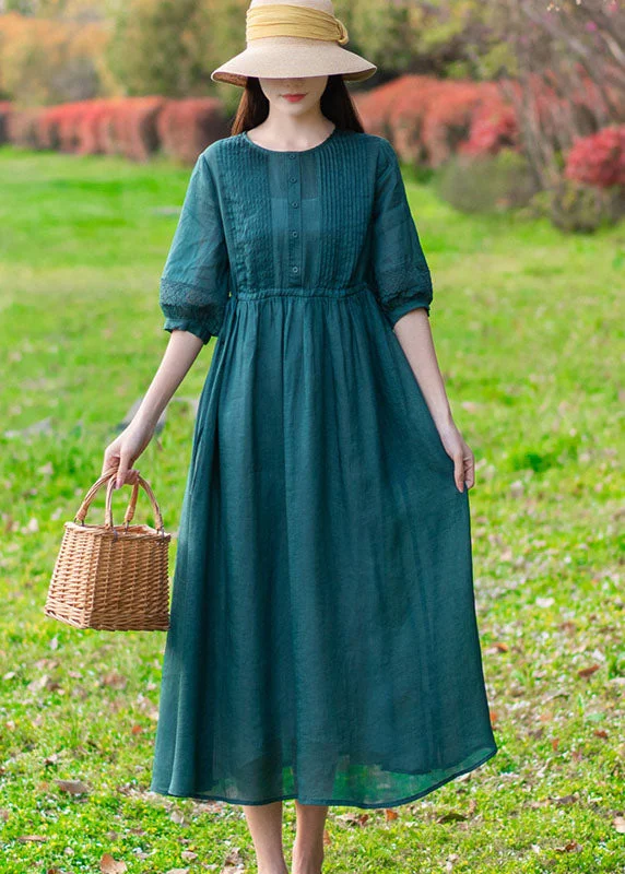 trendy mini dressModern Green O-Neck Wrinkled Button Solid Color Linen Cinch Dress Half Sleeve