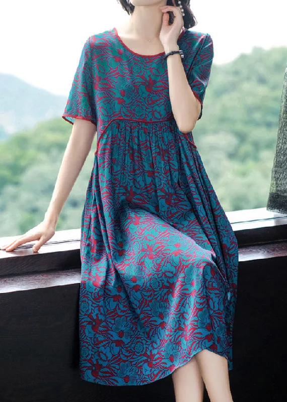 stylish party dressElegant Blue O-Neck Wrinkled Print Silk Long Dress Short Sleeve