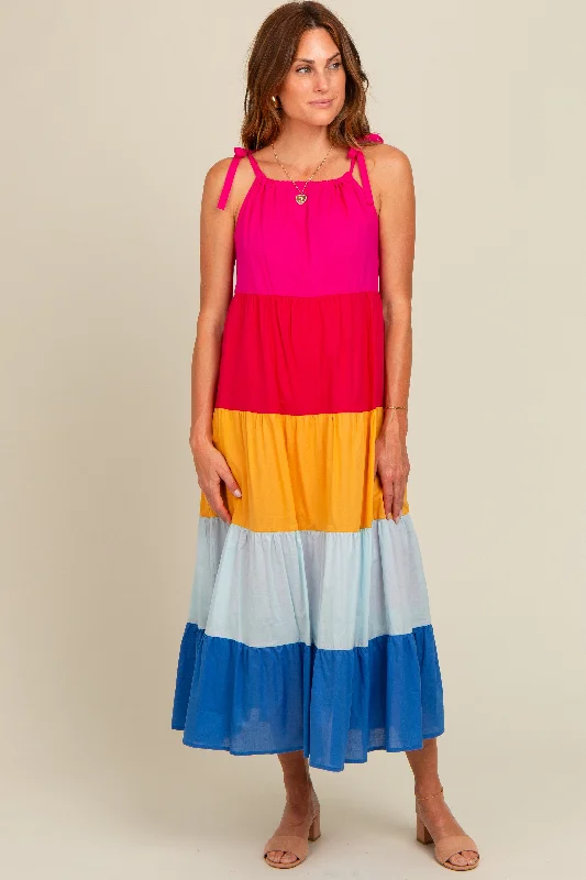 boho dressFuchsia Colorblock Tiered Midi Dress