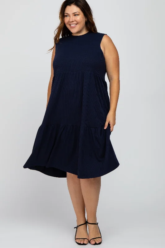 sophisticated dressNavy Ribbed Sleeveless Plus Midi Dress