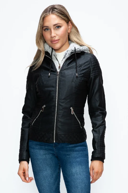 cold weather coatFaux Layered Double-Zipper Jacket with Fuzzy Hood