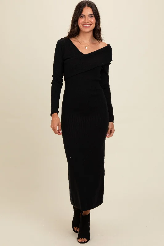 minimalistic dressBlack Fold Over Maxi Sweater Dress