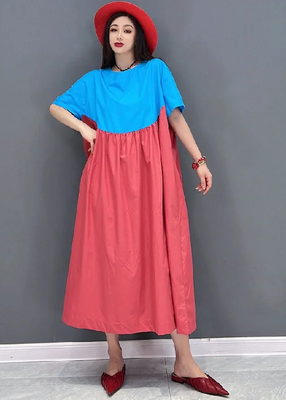 minimalistic dressSimple Blue Red Oversized Patchwork Cotton A Line Dress Short Sleeve