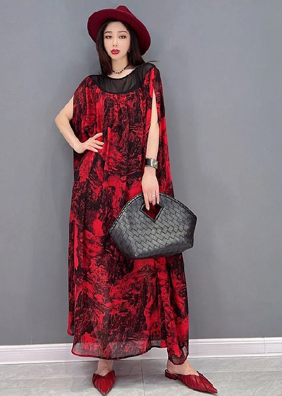 cocktail dressLoose Red Oversized Patchwork Print Chiffon Beach Dress Batwing Sleeve