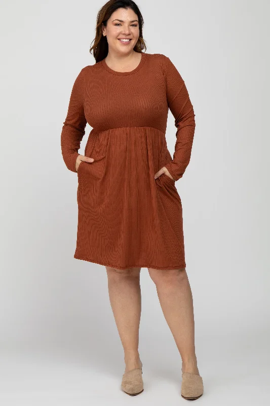 mini dressRust Ribbed Long Sleeve Plus Dress