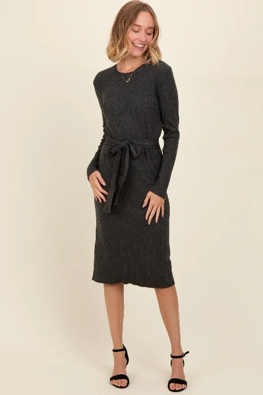 lace-up dressCharcoal Ribbed Sash Tie Midi Sweater Dress