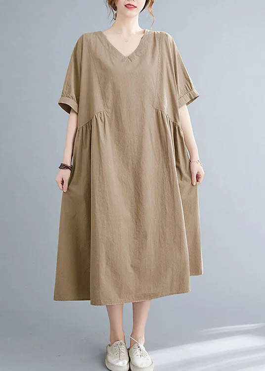 sleek dressSimple Khaki V Neck Cotton Loose Vacation Dress Short Sleeve