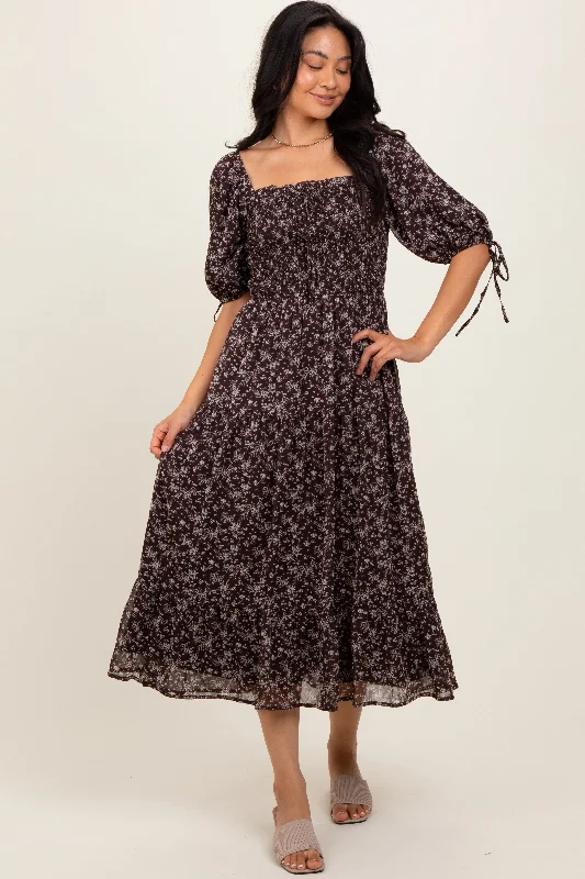 wrap dressDark Brown Floral Smocked Sleeve Tie Midi Dress