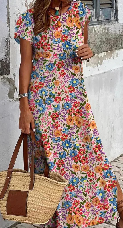 textured dressMulticolor Long Floral Print Short Sleeve Dress