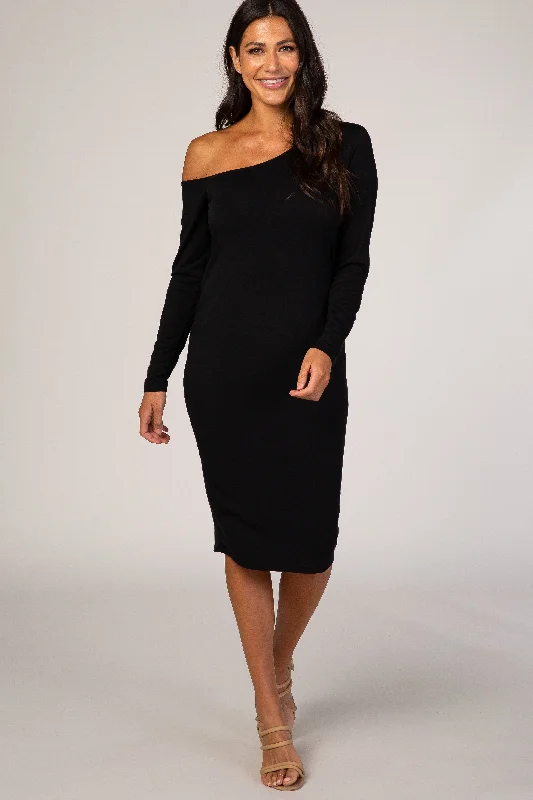 casual day dressPinkBlush Black One Shoulder Fitted Midi Dress