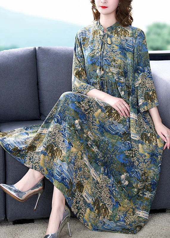 satin dressBoutique Stand Collar Wrinkled Print Chiffon Party Dress Summer