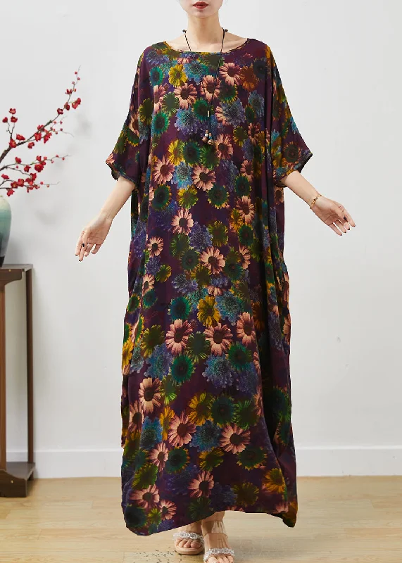 flowy evening dressStylish Dull Purple Oversized Sunflower Print Cotton Robe Dresses Summer