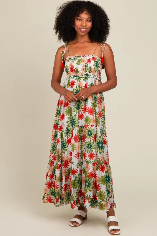 cocktail party dressGreen Floral Smocked Shoulder Tie Maxi Dress