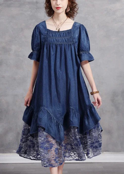 office dressUnique Blue Square Collar Patchwork Lace Cotton Denim Dress Short Sleeve