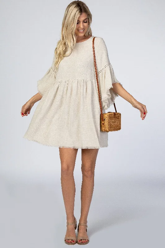 form-fitting dressBeige Raw Edge Bell Sleeve Babydoll Dress