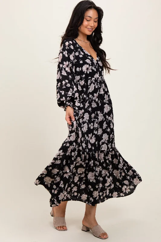 winter dressBlack Floral Textured Bubble Sleeve Maxi Dress