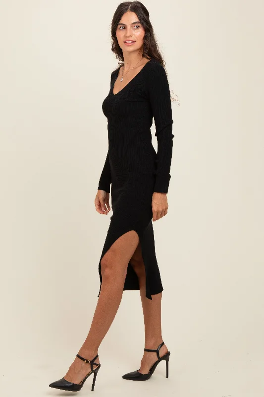 office dressBlack Ribbed Knit Side Slit Midi Dress