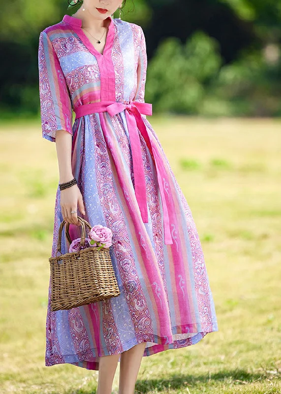 velvet dressSlim Fit Rose V Neck Print Patchwork Bow Sashes Linen Long Dresses Bracelet Sleeve