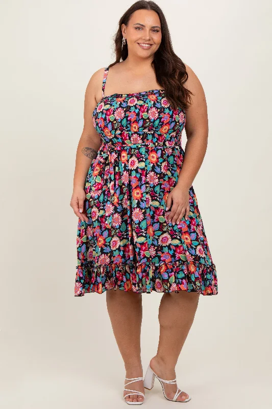 summer dressBlack Floral Sleeveless Ruffled Plus Dress