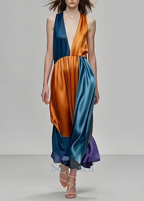 elegant evening dressBohemian Colorblock Deep-V Neck Patchwork Silk Party Dress Sleeveless