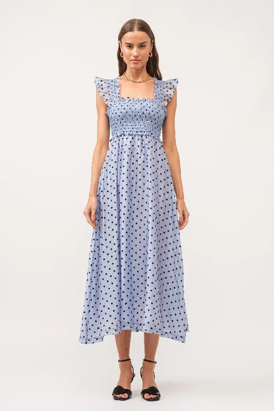 romantic dressBlue Polka Dot Smocked Midi Dress