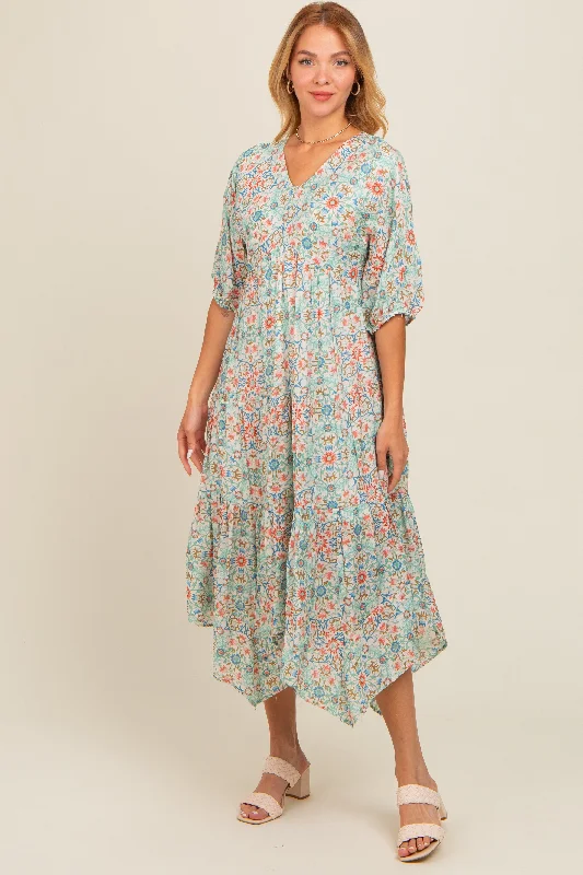 oversized dressMint Green Floral Border Print V-Neck Tiered Midi Dress