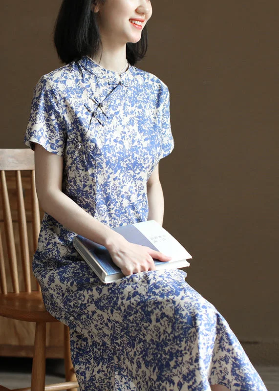 casual dressChic Blue Stand Collar Print Side Open Cotton Long Dress Short Sleeve