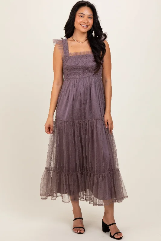 comfy maxi dressMauve  Mesh Overlay Smocked Midi Dress