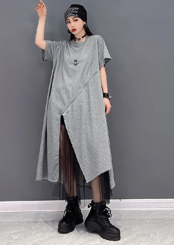 pleated maxi dressHandmade Grey O-Neck Tulle Patchwork Cotton Streetwear Dresses Short Sleeve