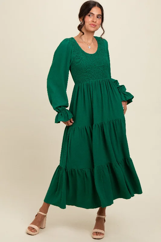 shift dressGreen Smocked Tiered Long Sleeve Maxi Dress